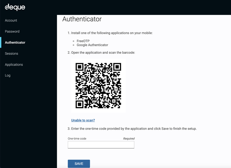Esempio della schermata Authenticator in axe Auditor con ogni passaggio principale della configurazione
procedura