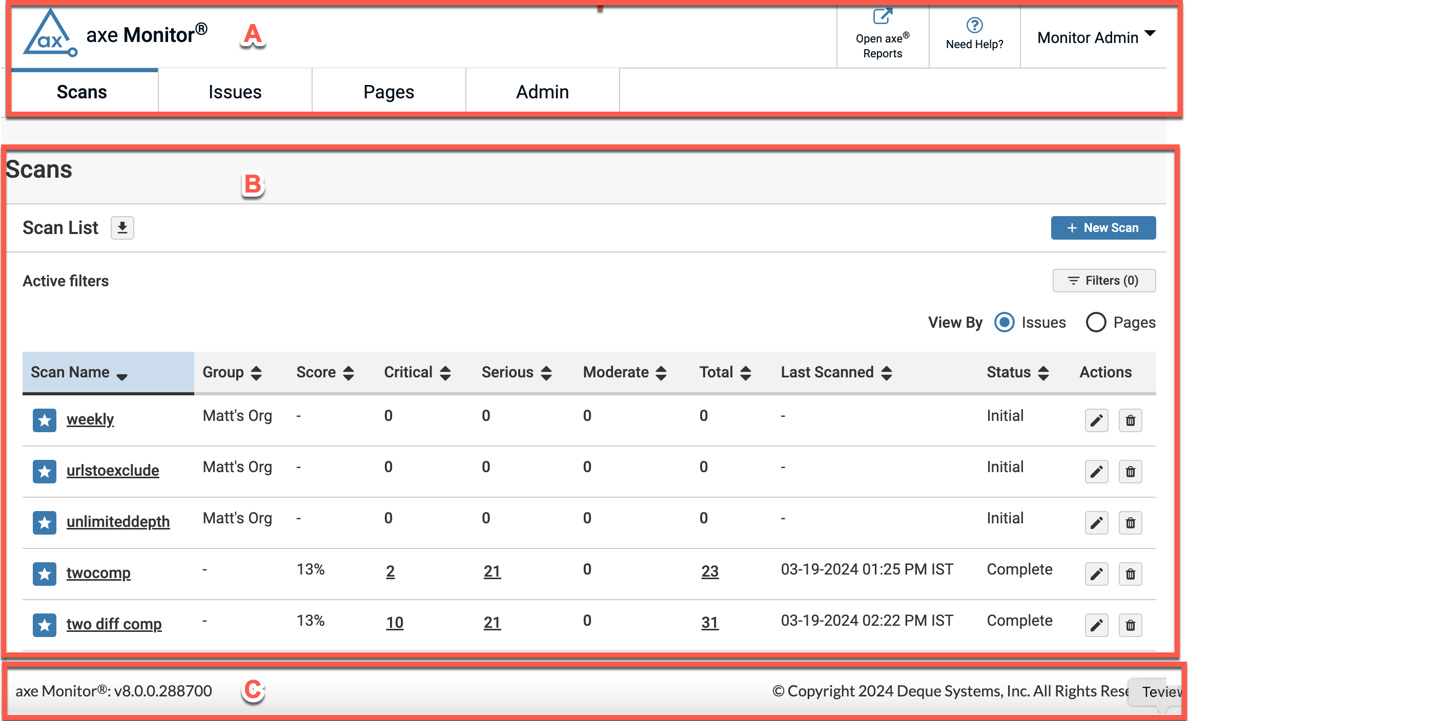 le regioni superiore (intestazione), centrale (corpo) e inferiore (piè di pagina) dell'interfaccia utente richiamate con etichette