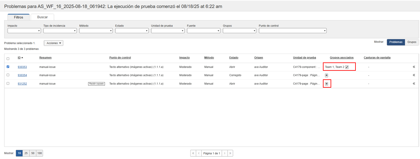 Problemas añadidos a grupos nuevos