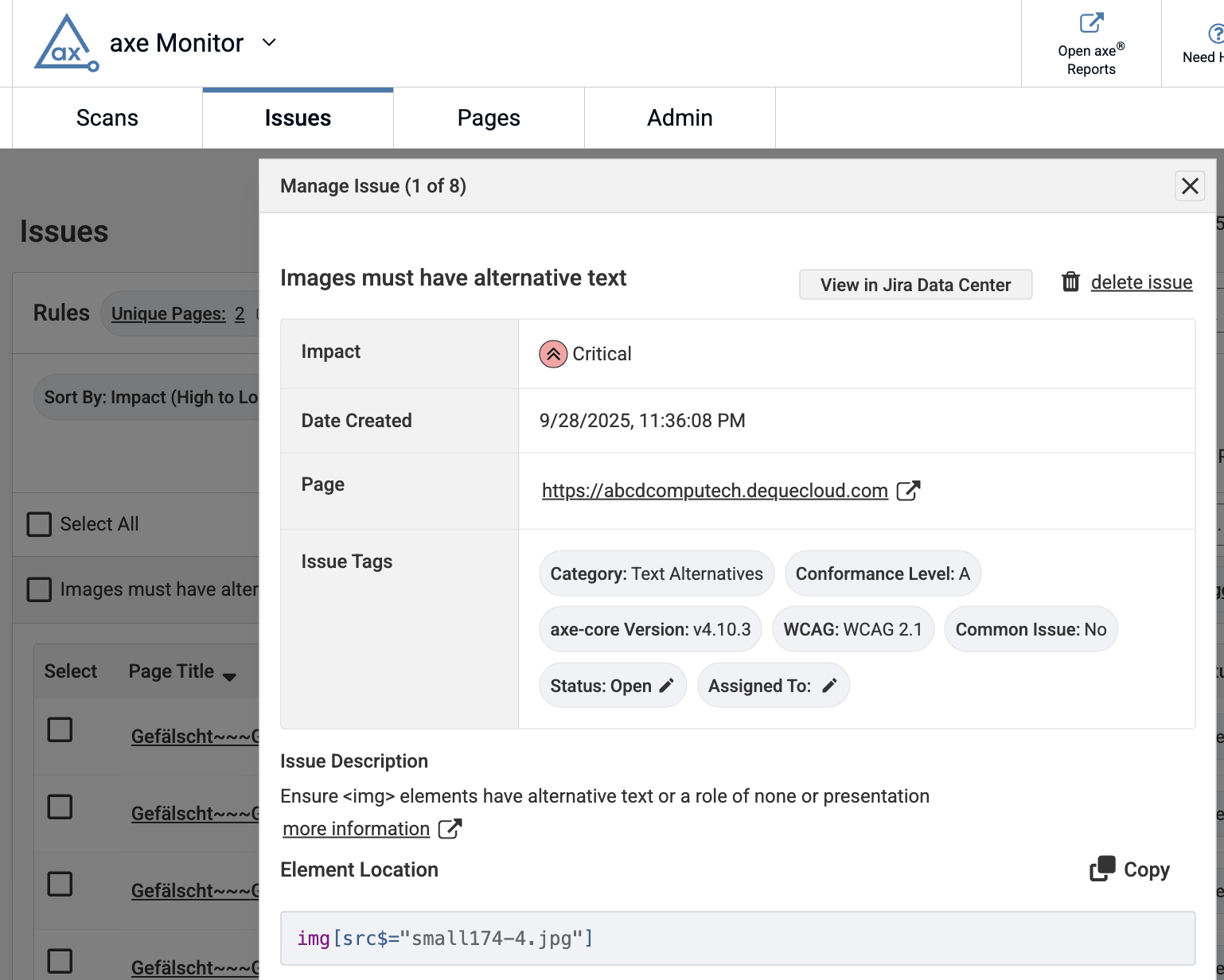 Axe monitor manage issue modal. Images must have alternative text. View in Jira data center button. Delete issue. Impact, critical. Date created, page, issue tags, issue description, element location.