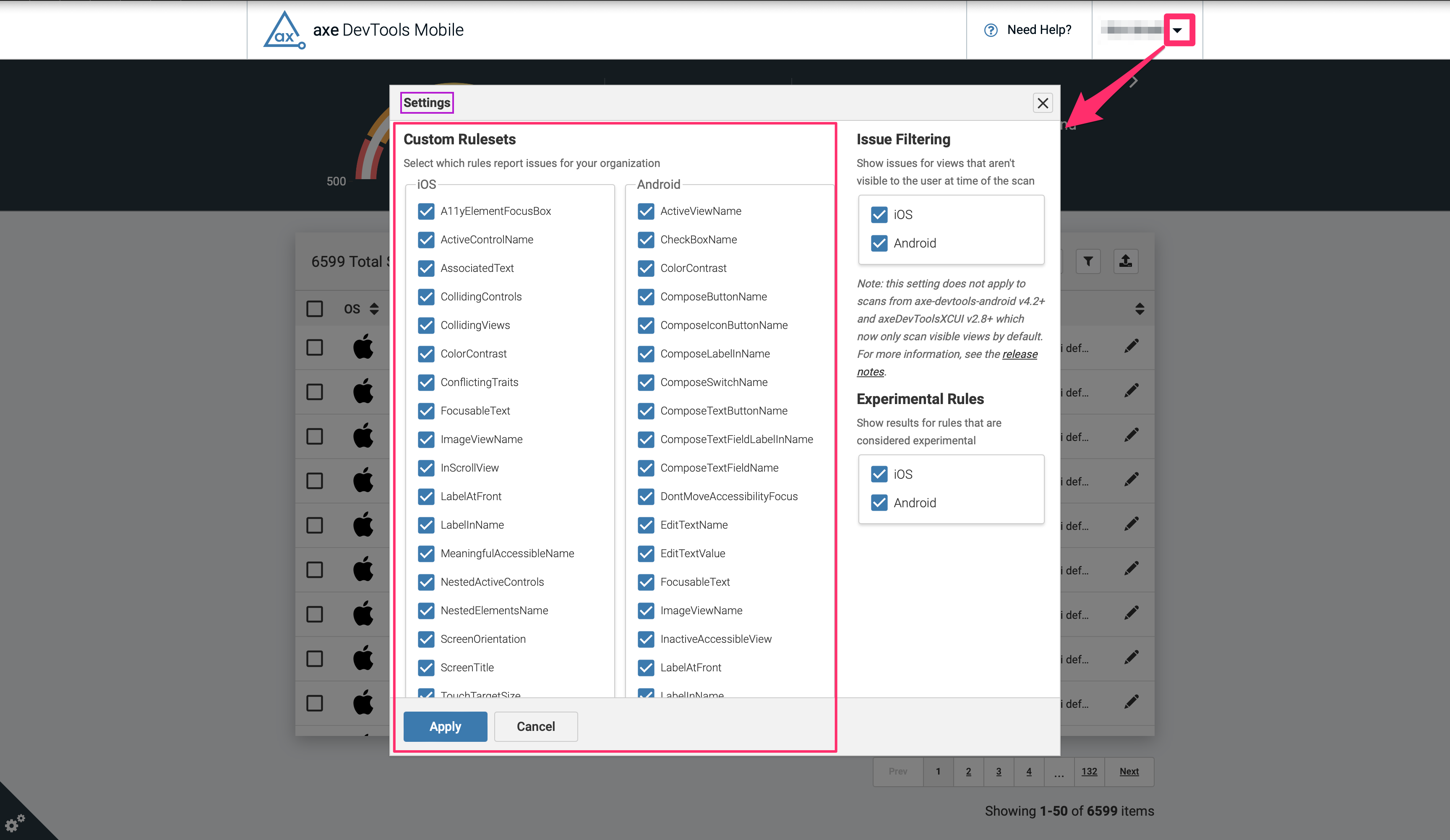 Screenshot of the Settings dialog with all the custom rulesets available to select and deselect via checkboxes.