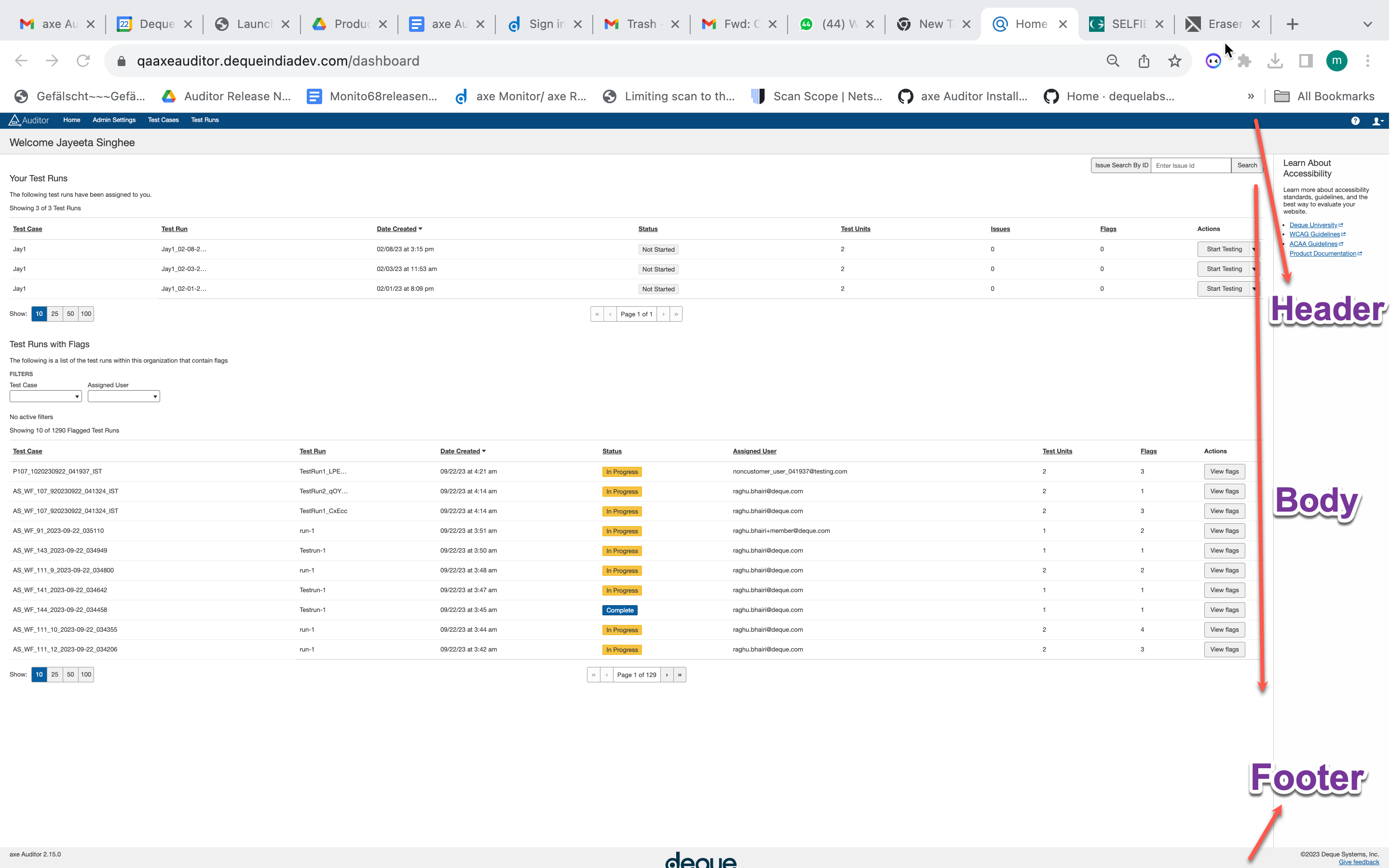 the top (header), middle (body), and bottom (footer) regions of the user interface called out with labels