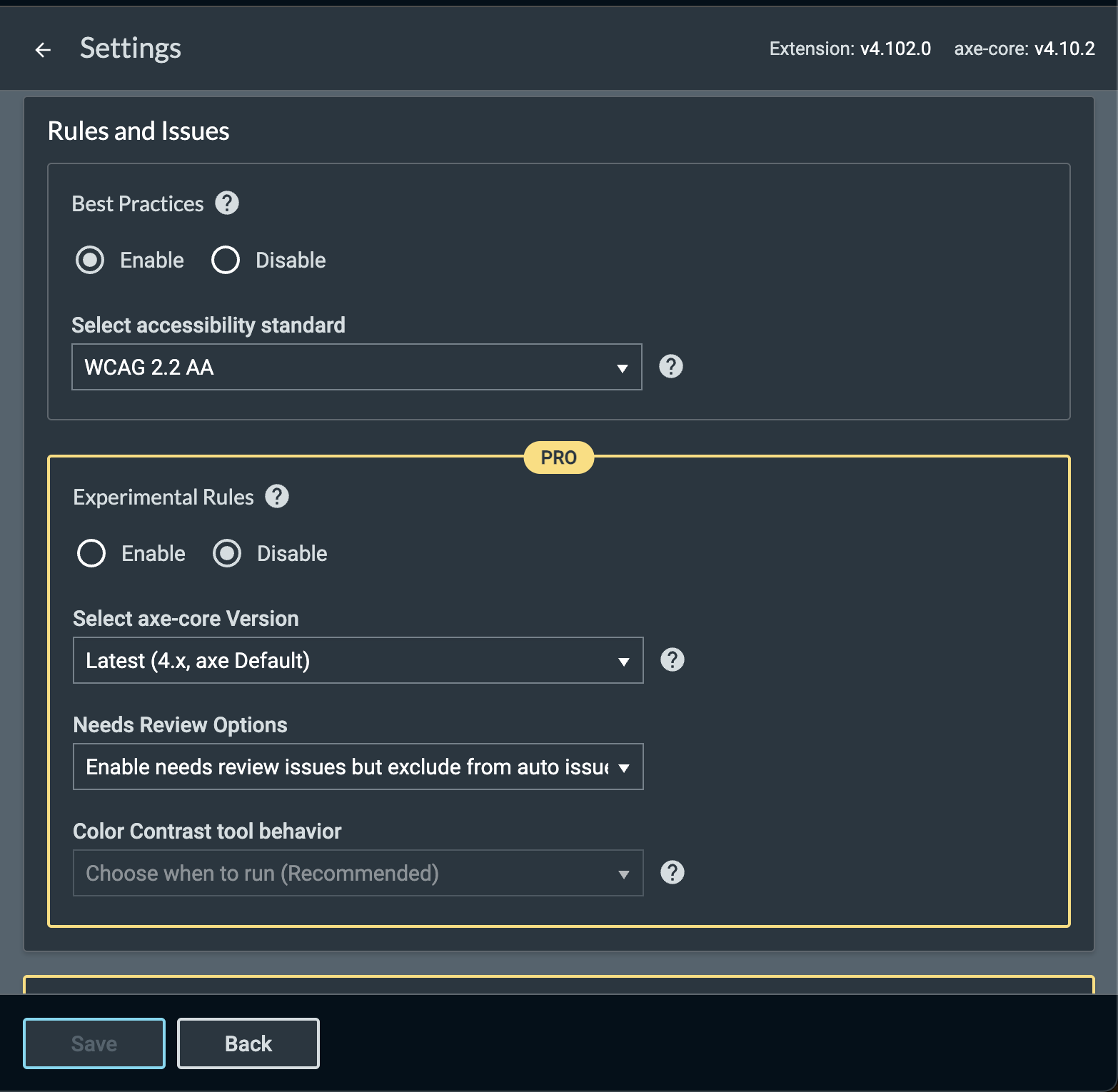 Screenshot of Rules and Issues settings in browser extension