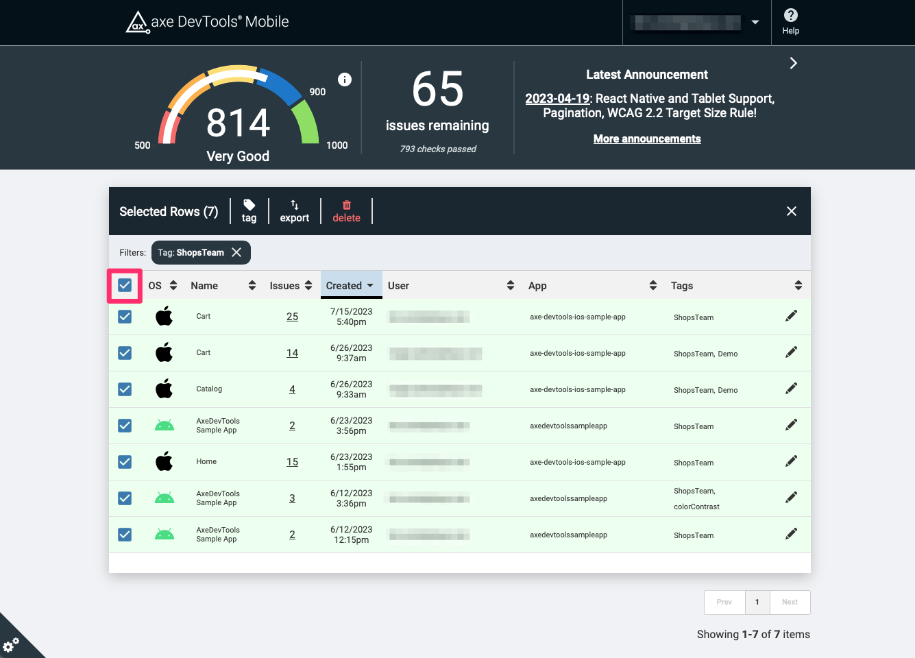 Screenshot of the dashboard where multiple scans are selected. Bulk actions such as tag, export, and delete are now available.