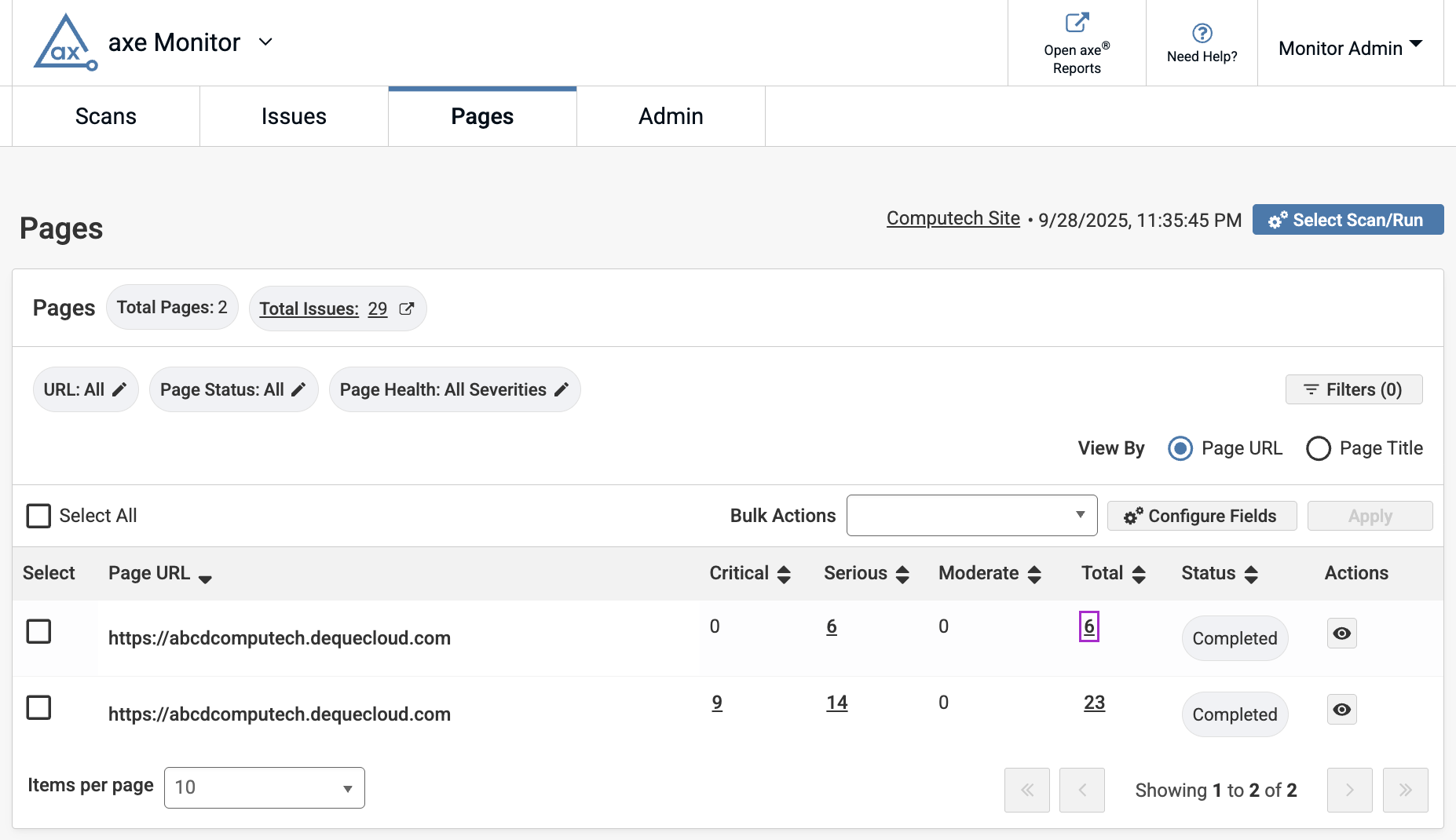 Pages view in axe Monitor. Total pages: two total issues: 29 filters and table with select, page, URL, critical, serious, moderate, total, status, actions. In the second row under total issues, the link with a number 23 is selected.