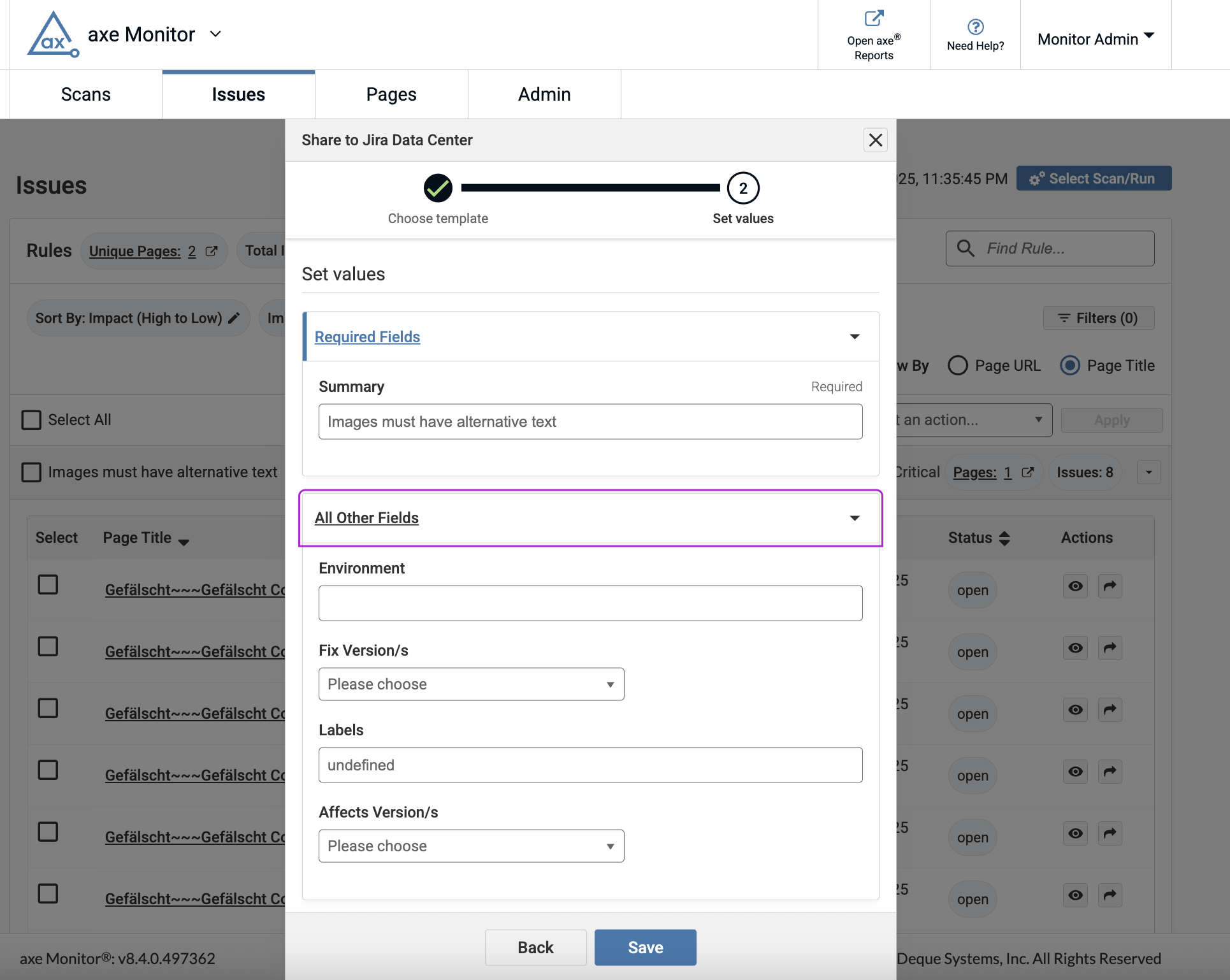 Step two set values. Required fields, summary. Images must have alternate text. All other fields. Empty fields for environment, fix versions, labels, affects versions.