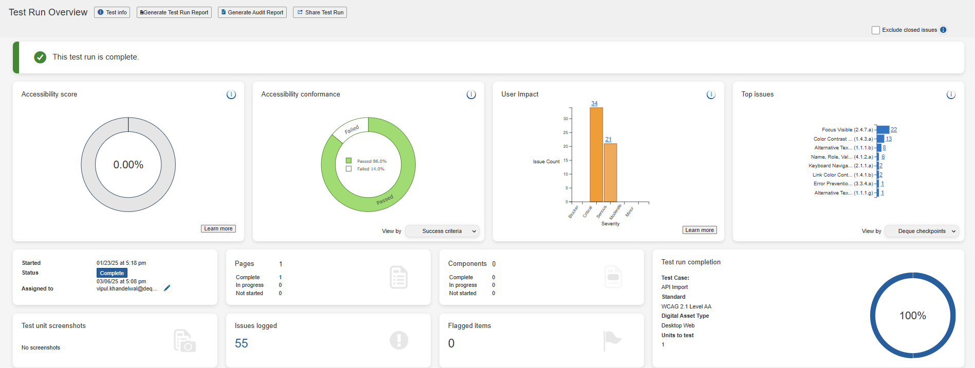 example of a Test Run Overview screen with the tooltips for charts displayed