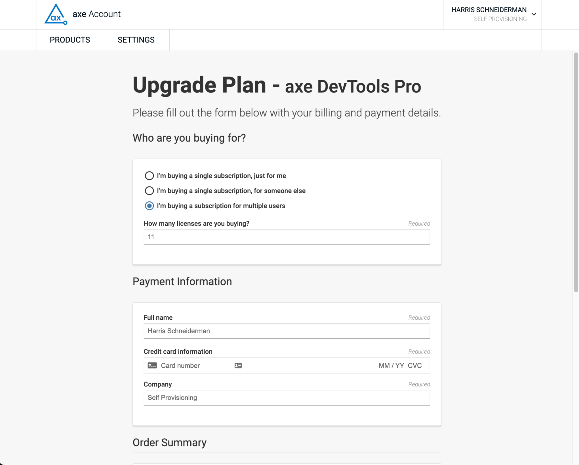 Webpage for upgrading your axe DevTools plan