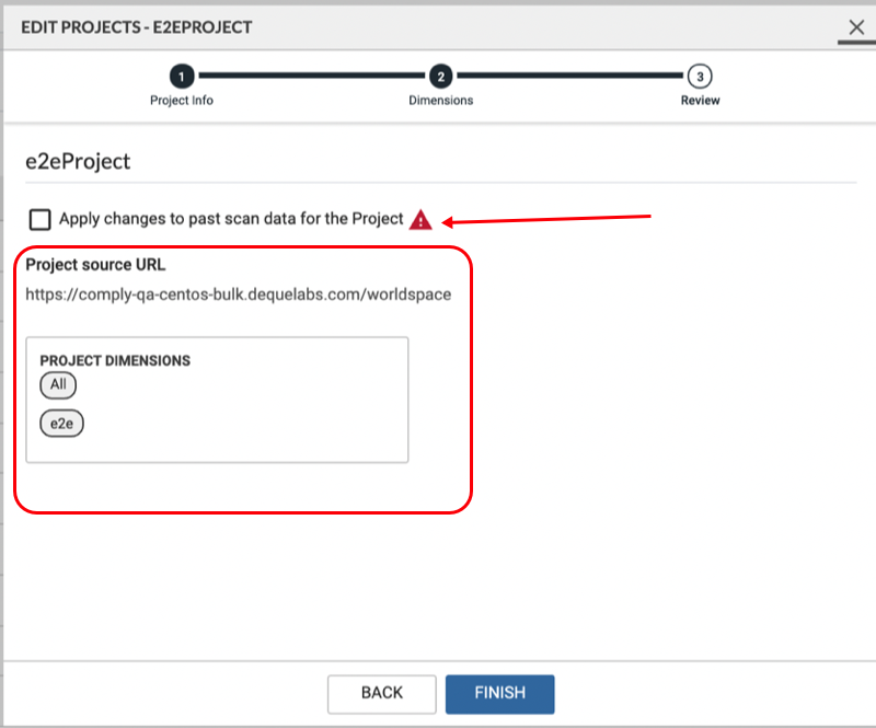 Edit axe Monitor® projects review modal with the checkbox for Applying changes to past scan data, and showing summary of changes