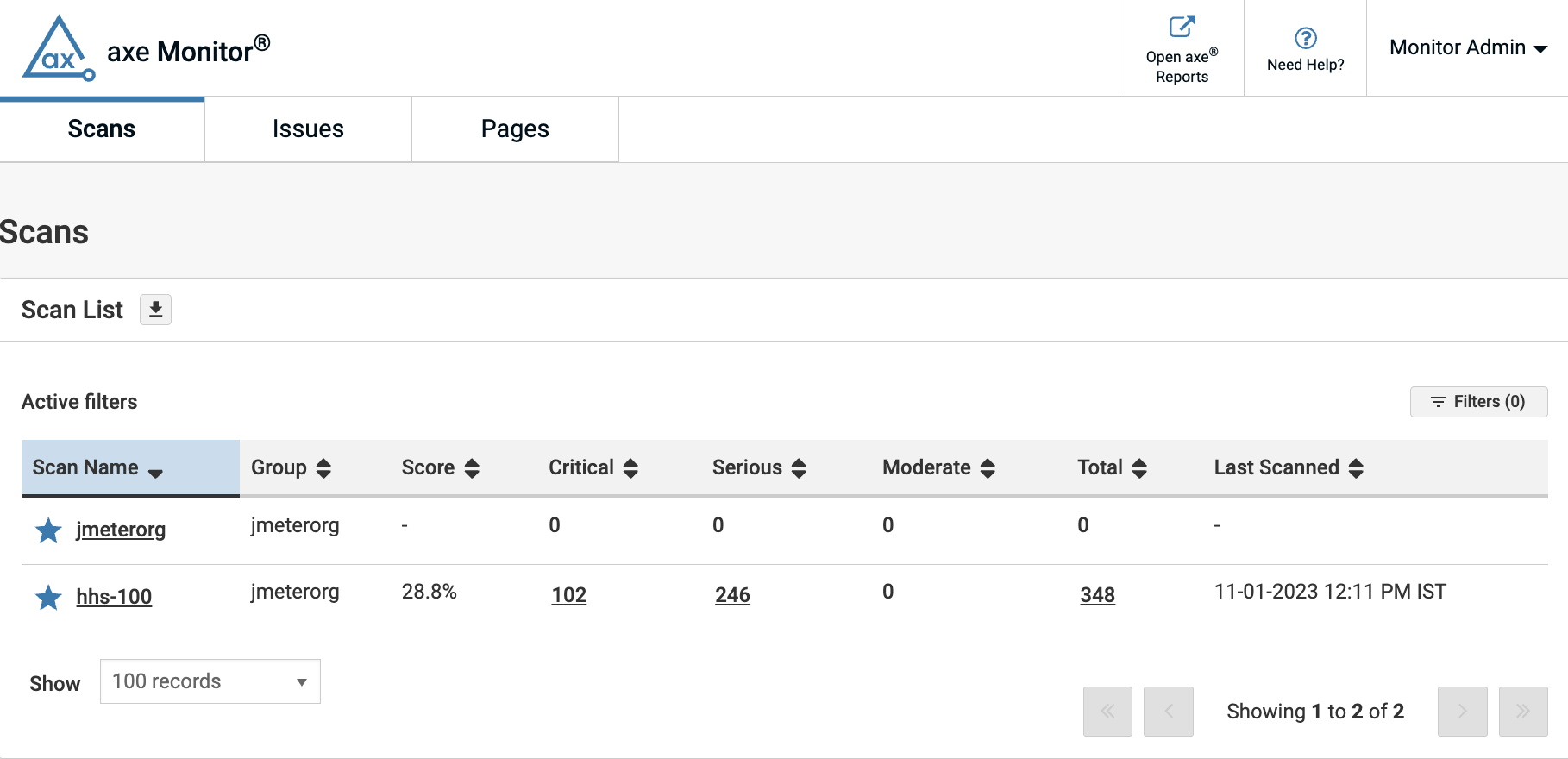 The axe Monitor Experimental Scan View page