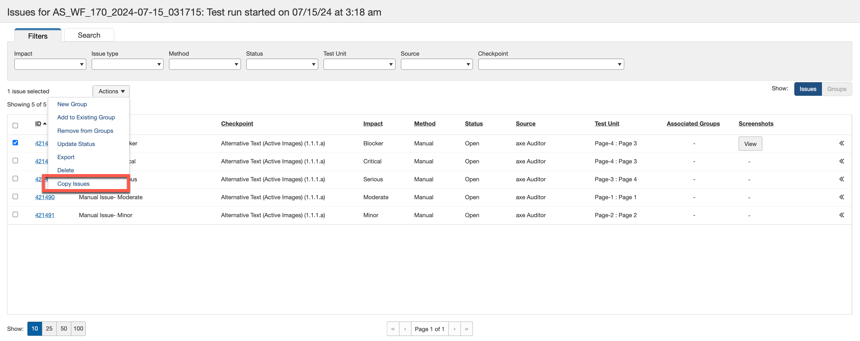 Menu a discesa Copia Problemi