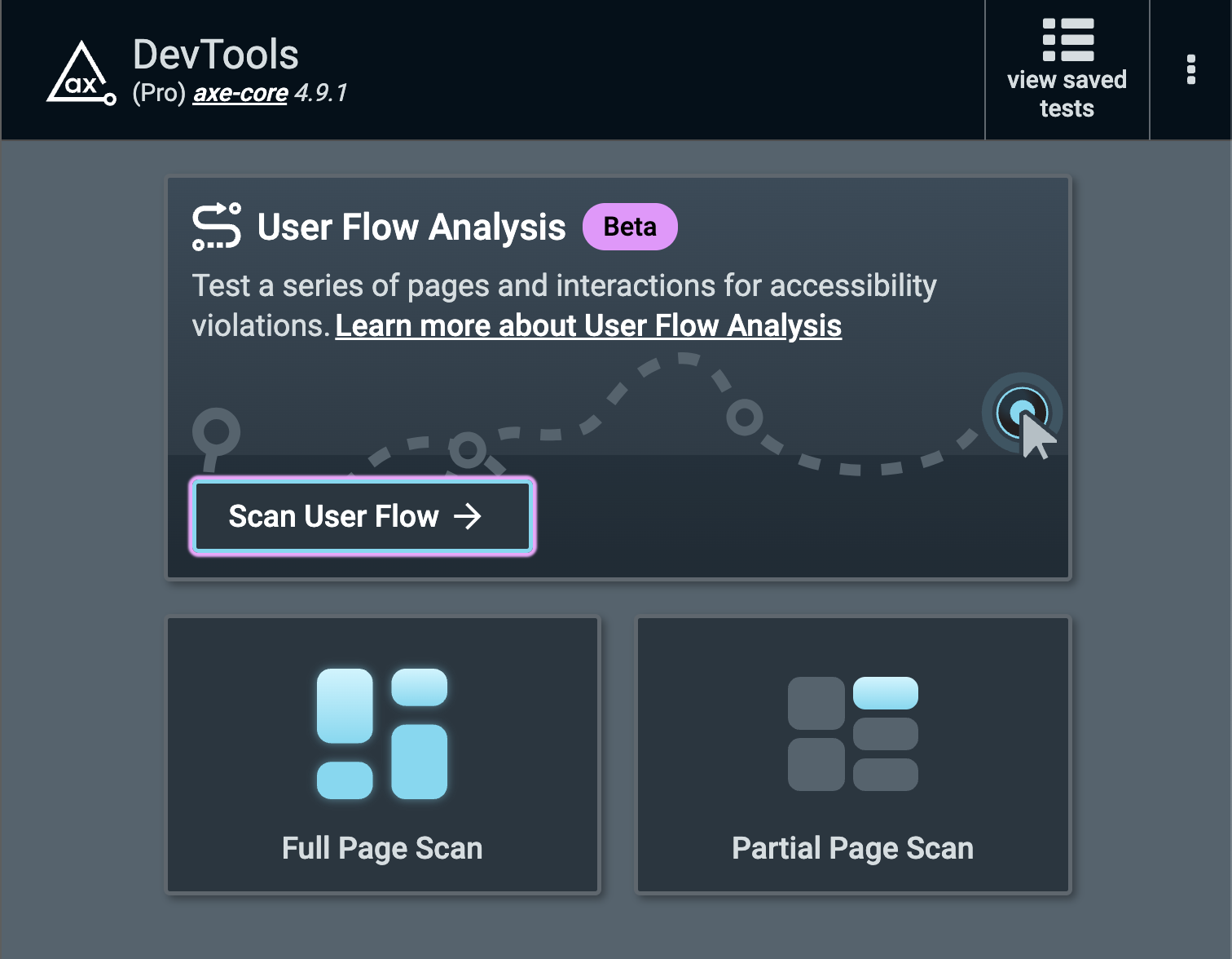 Screenshot of axe DevTools Extension start screen with "Scan User Flow" focused