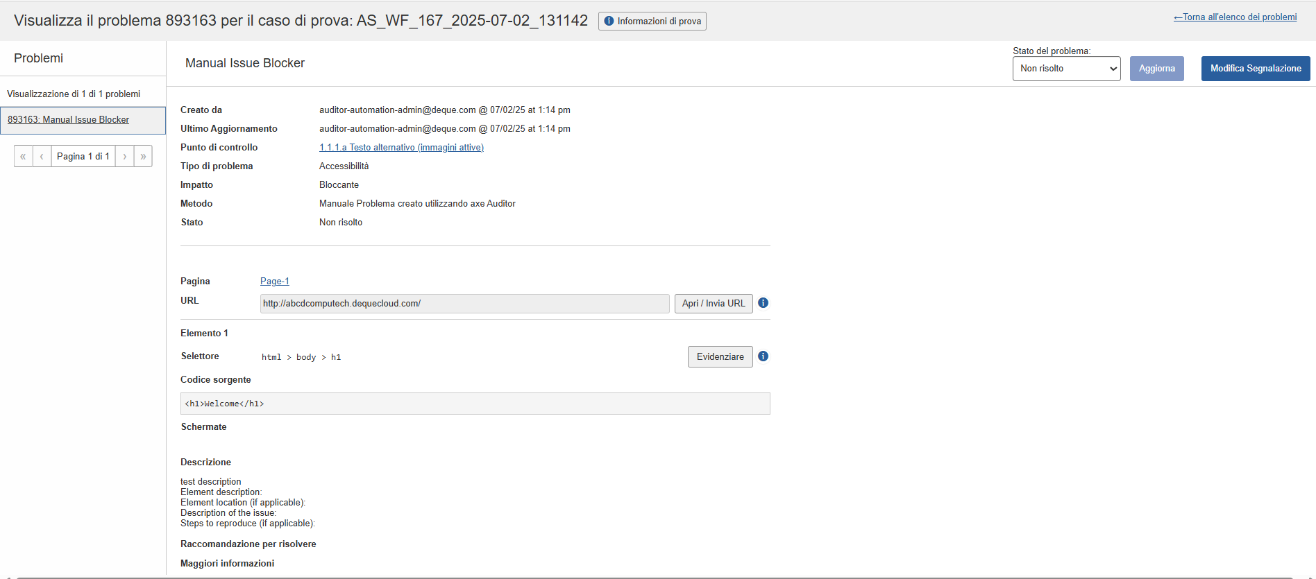 Schermata di visualizzazione dei problemi