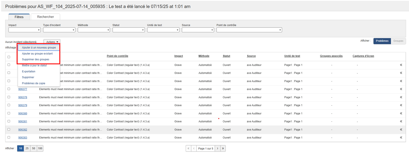 Actions de groupe - ajouter au groupe existant, supprimer du groupe, nouveau groupe