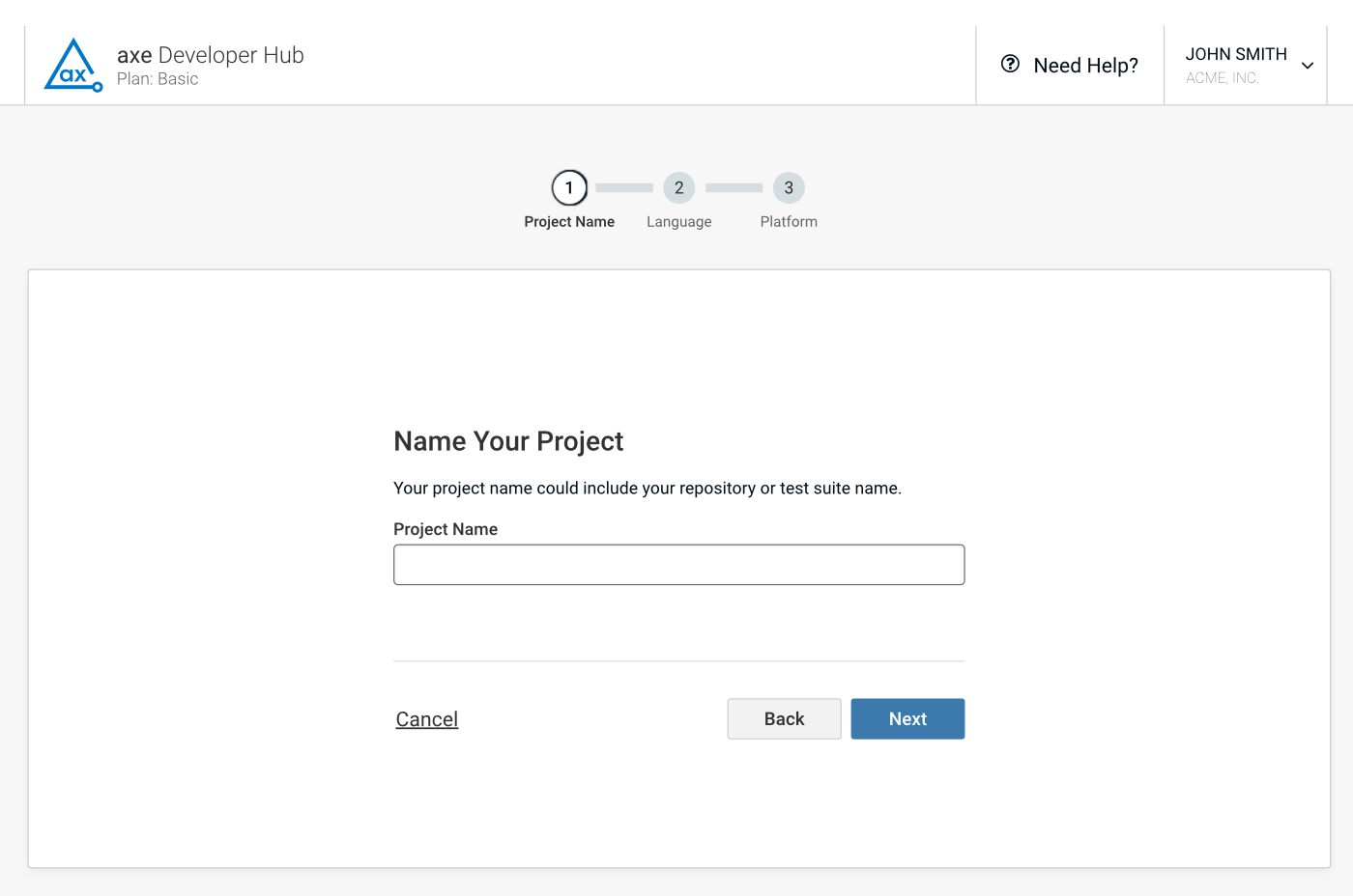 Screenshot showing the web page that allows you to name your axe Developer Hub project