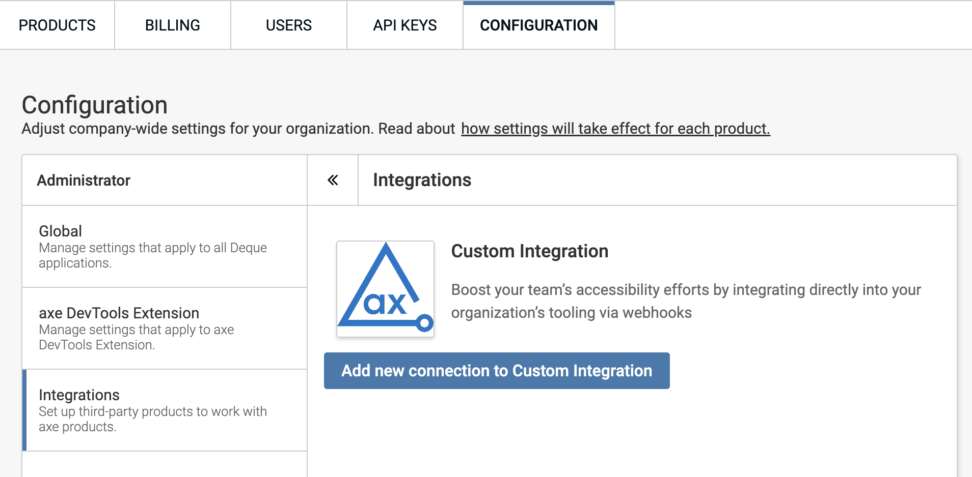 Screenshot of "Add new connection to Custom Integration" button