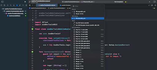 Screenshot showing the Sauce Labs device in the Xcode device drop down