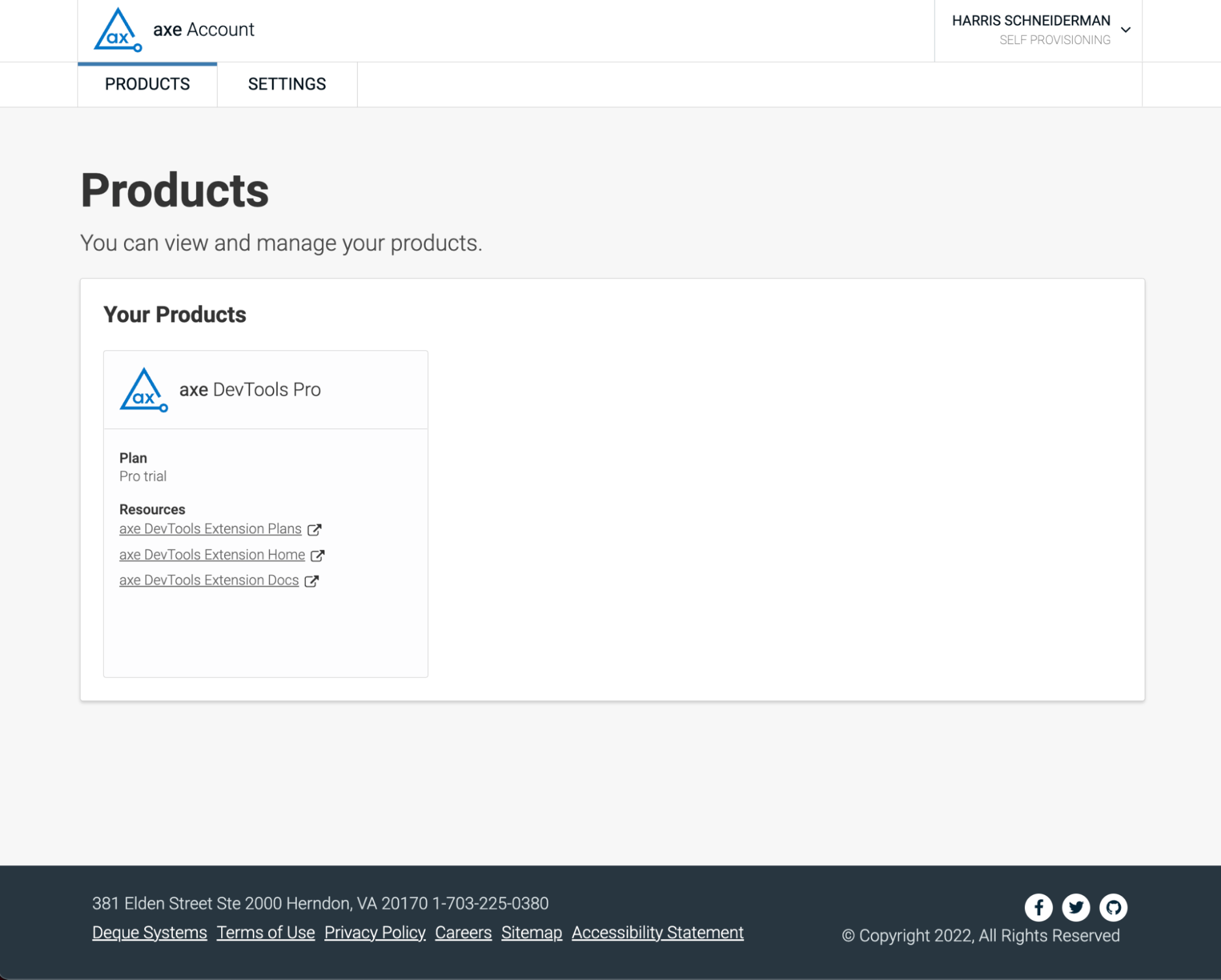 The axe Account Portal Products webpage