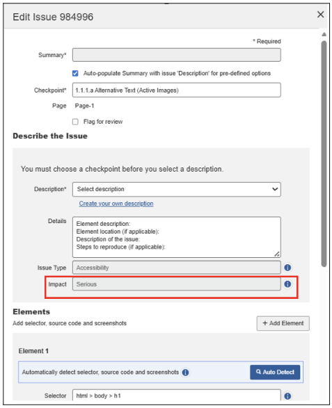 Edit Issue page where the Impact option is disabled