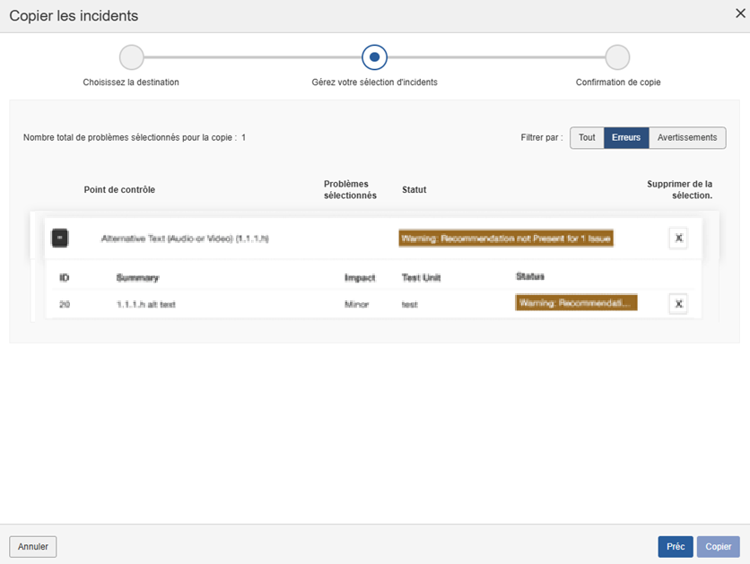 Liste déroulante des problèmes de copie