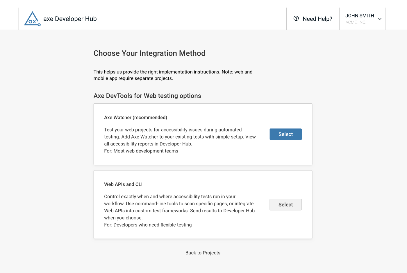The page for selecting the method for gathering accessibility info in axe Developer Hub shows the two provided integrations to collect information with your existing end-to-end tests.