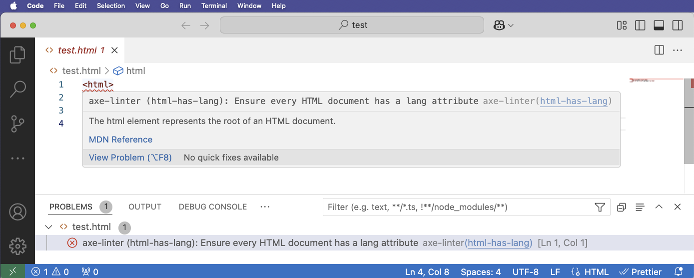 Shows a missing lang attribute on the html element via a tooltip and an entry in the Problems pane at the bottom of the VS Code window