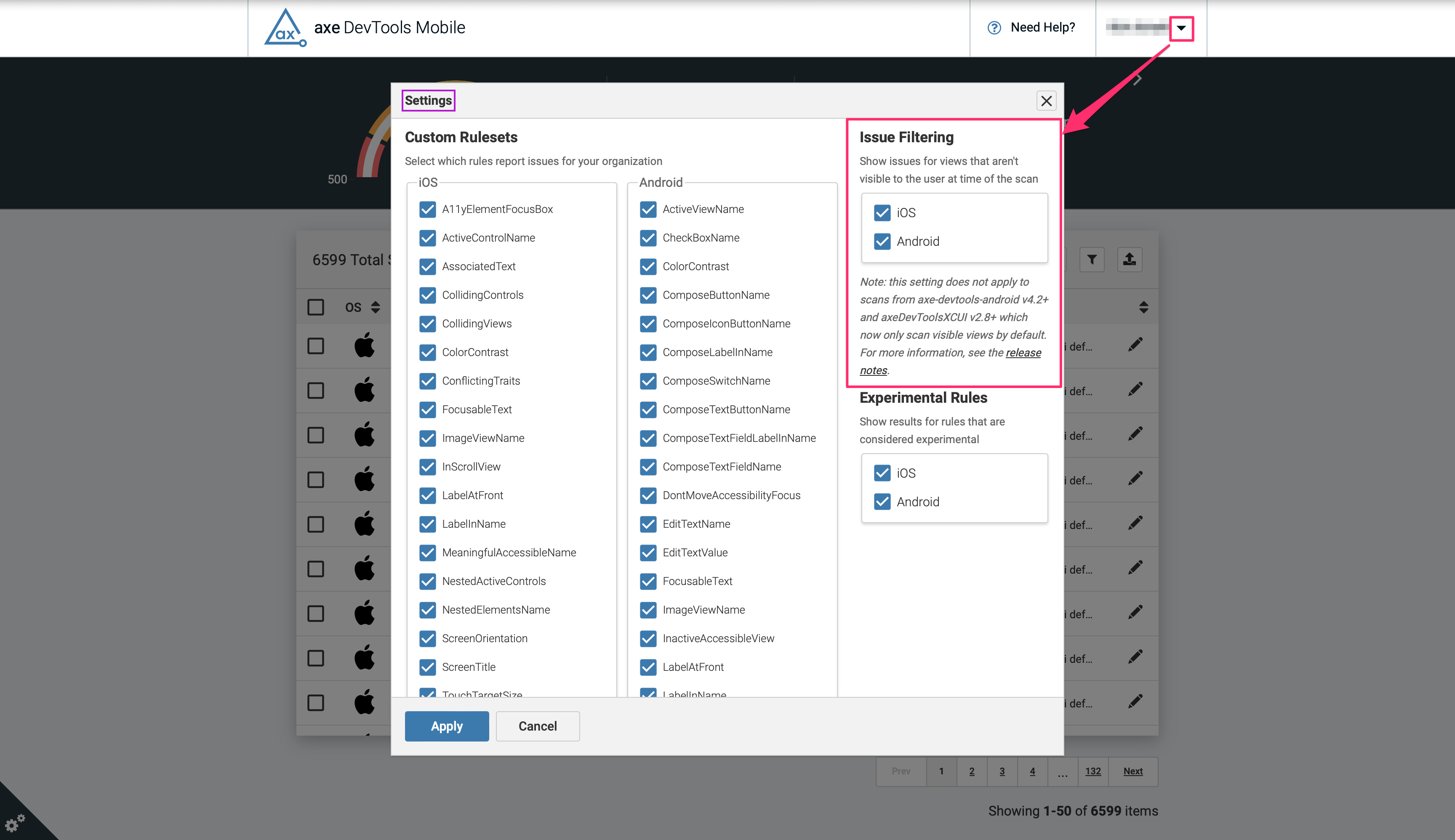 Screenshot of the Settings dialog with the Issue Filtering section highlighted on the right side of the dialog.