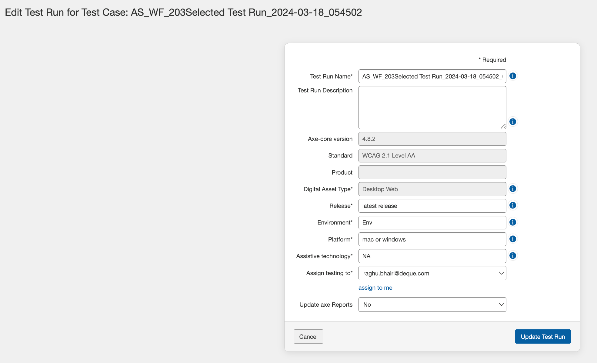 Cliquez sur le bouton Mettre à jour le test en cours en bas à droite de
Onglet Pages de l'édition du Test Run
écran