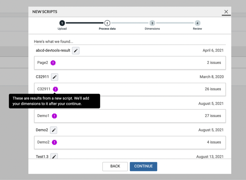 axe DevTools® script configuration modal with script names and pages listed. Screen also points out if a page doesn't exist in axe® Reports