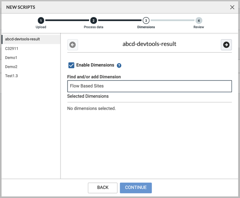 Dimension configuration modal showing the type-ahead while adding a dimension for a script