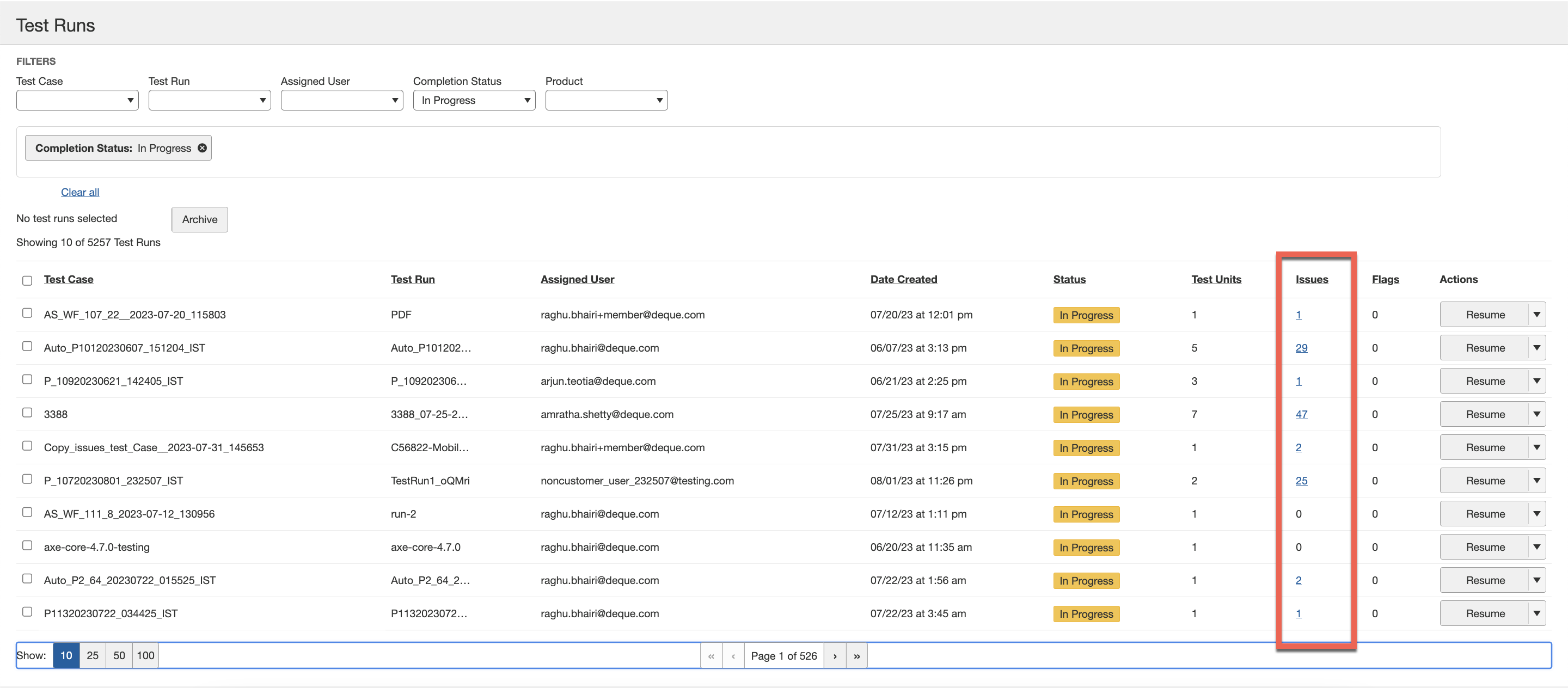 Visualizzazione del link dei problemi
