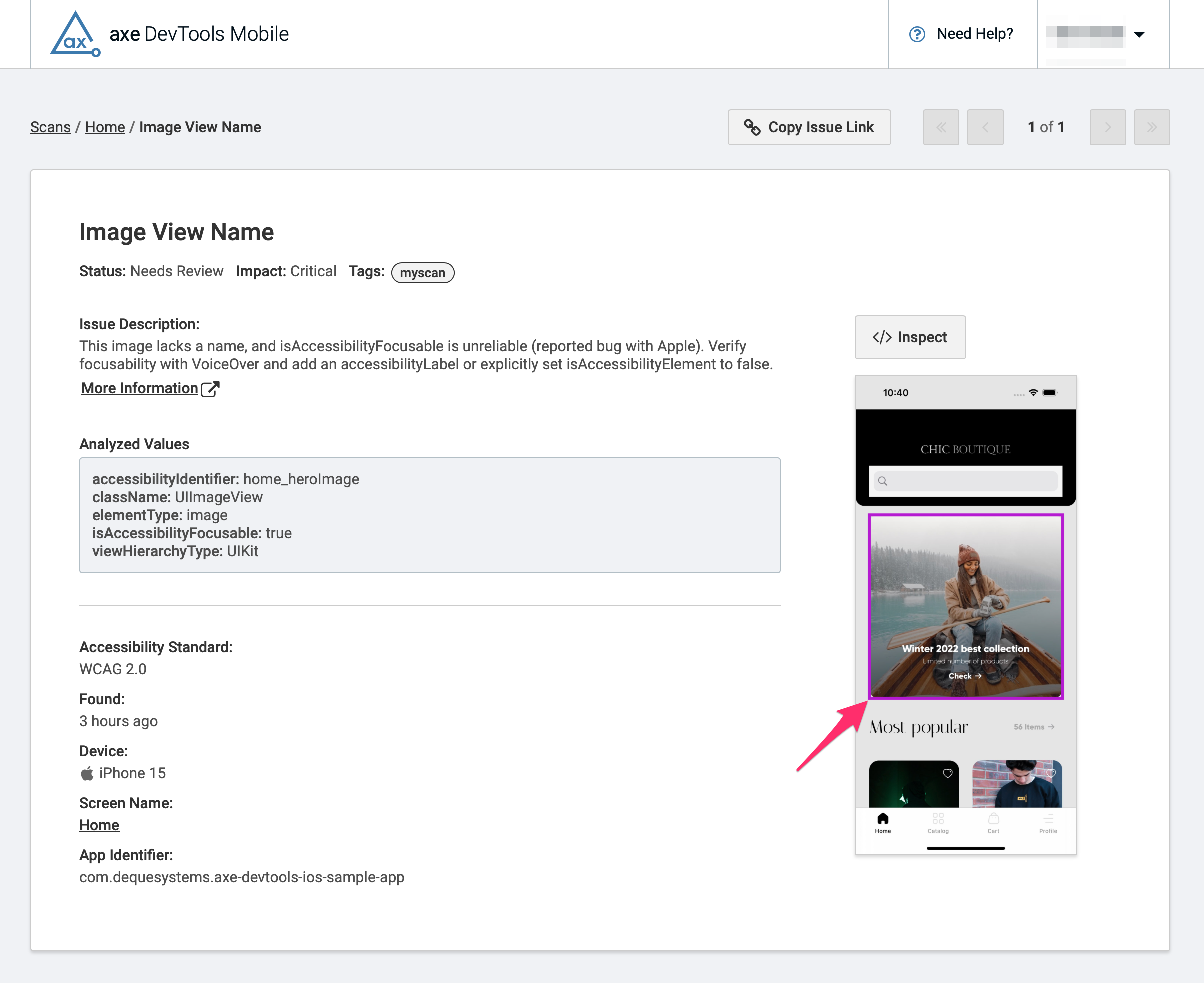 Screenshot of an issue open in axe DevTools Mobile. On the right is a screenshot with the detected issue highlighted. On the left is a panel showing additional details.