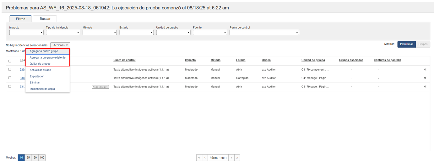 Acciones de grupo: agregar a un grupo existente, eliminar del grupo, nuevo grupo