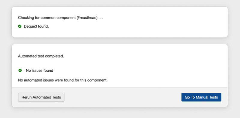 Ejemplo de mensaje de respuesta cuando no se encuentran problemas en las Pruebas Automatizadas
Pantalla de prueba, con botones para volver a ejecutar pruebas automatizadas o ir a
Pruebas manuales