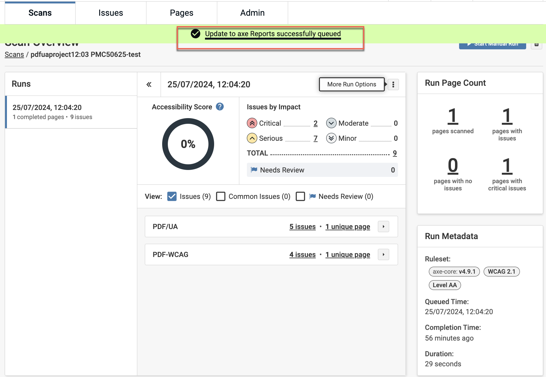Update axe® Reports Successfully Queued