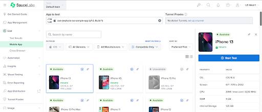 Screenshot showing private device selected and ready to start test session