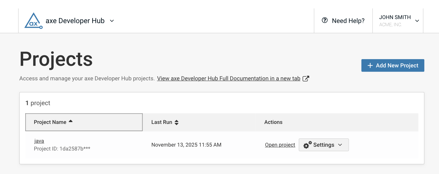 An image showing an axe Developer Hub projects page with one project.