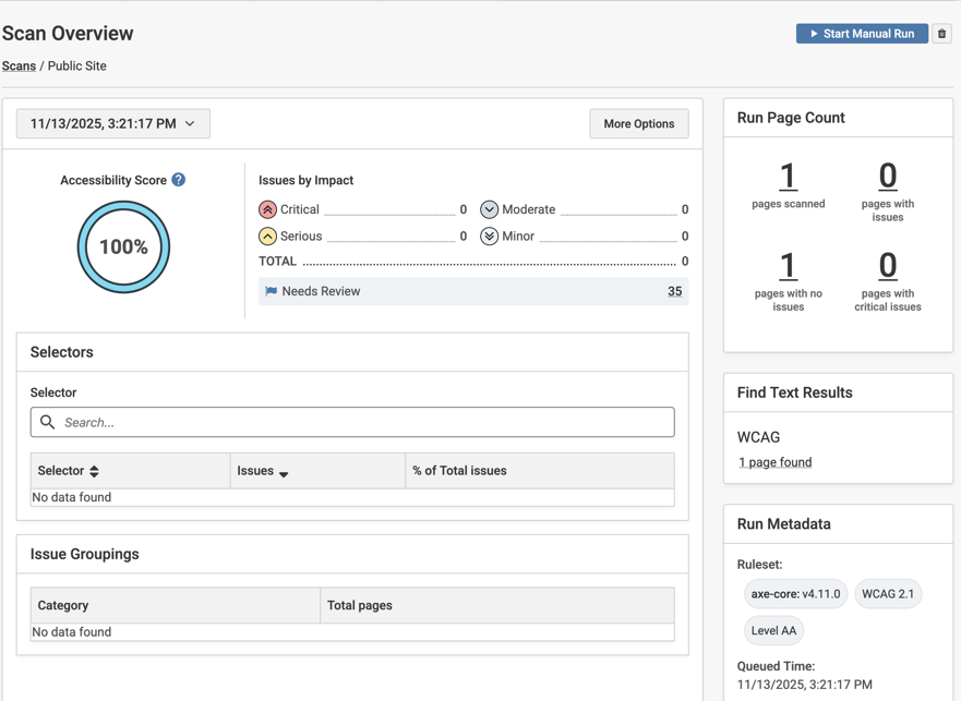 Scan Overview webpage with a date and time dropdown, more options button, accessibility score, and counts of critical, serious, moderate and minor issues. Total and Needs Review issues. Common Component Issues by Impact
Critical - 3, Serious - 1. View all 4 common component issues. Selectors table and search bar with Selector, Issues, % of Total Issues scan overview