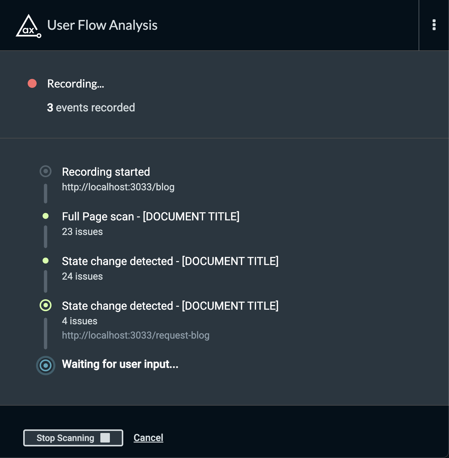 Screenshot of axe DevTools Extension recording a user flow analysis