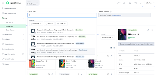 Screenshot showing “App to Test” dropdown on SauceLabs’ Live Testing Dashboard
