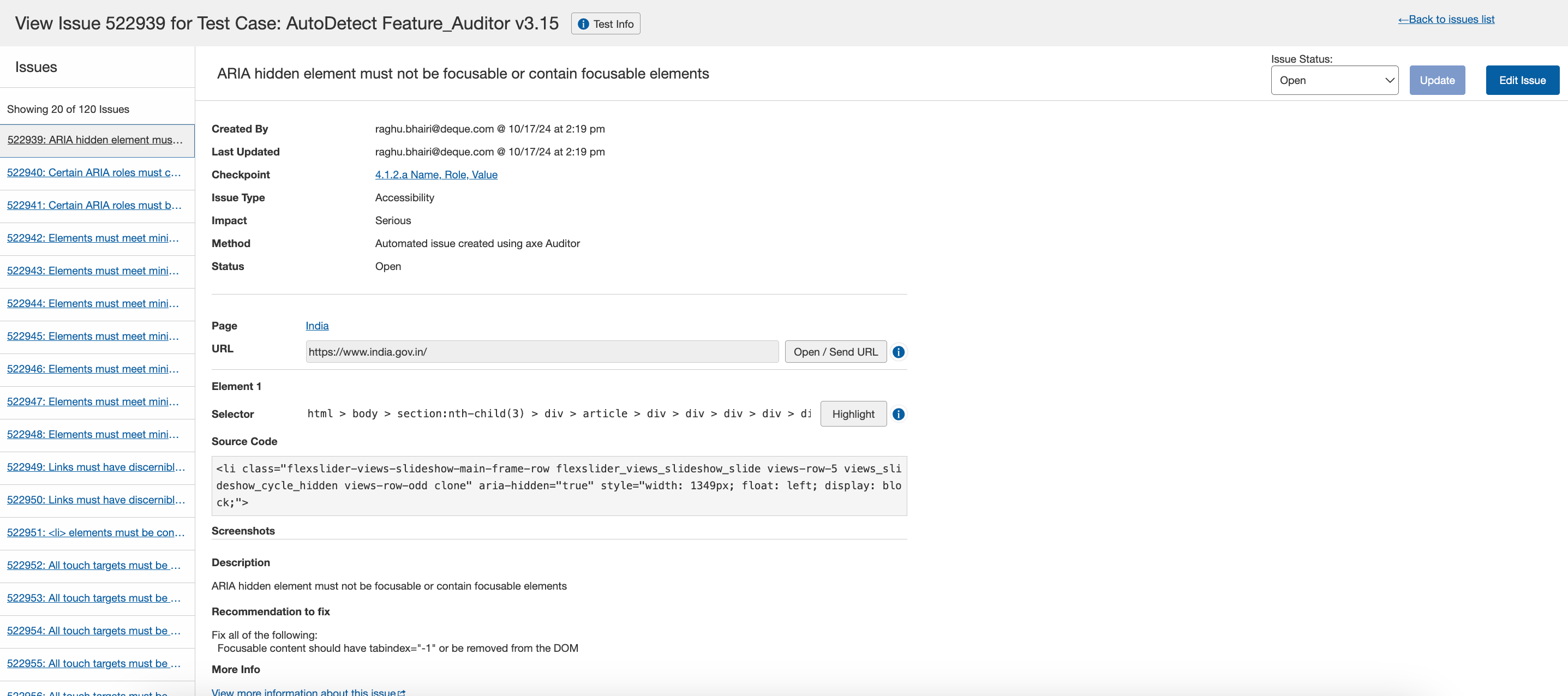 Visualizzazione della schermata Problemi