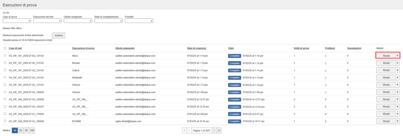 Pulsante Modifica esecuzione test