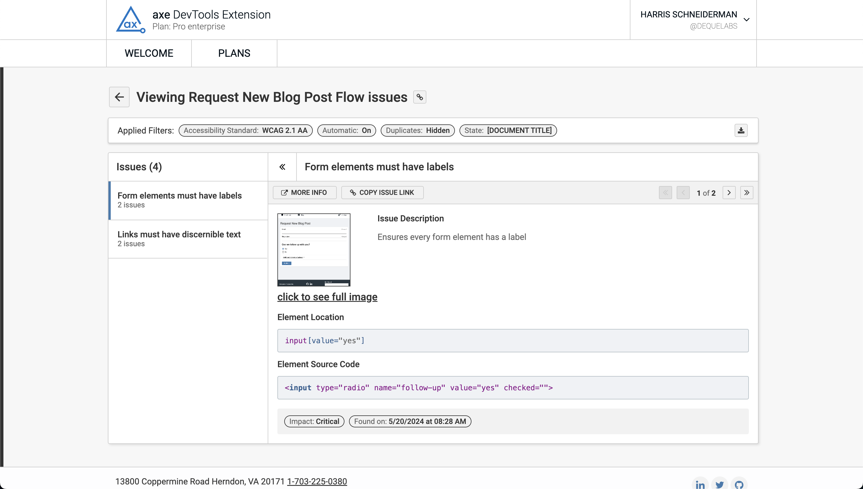 Screenshot of axe DevTools Extension User Flow Analysis report issues view