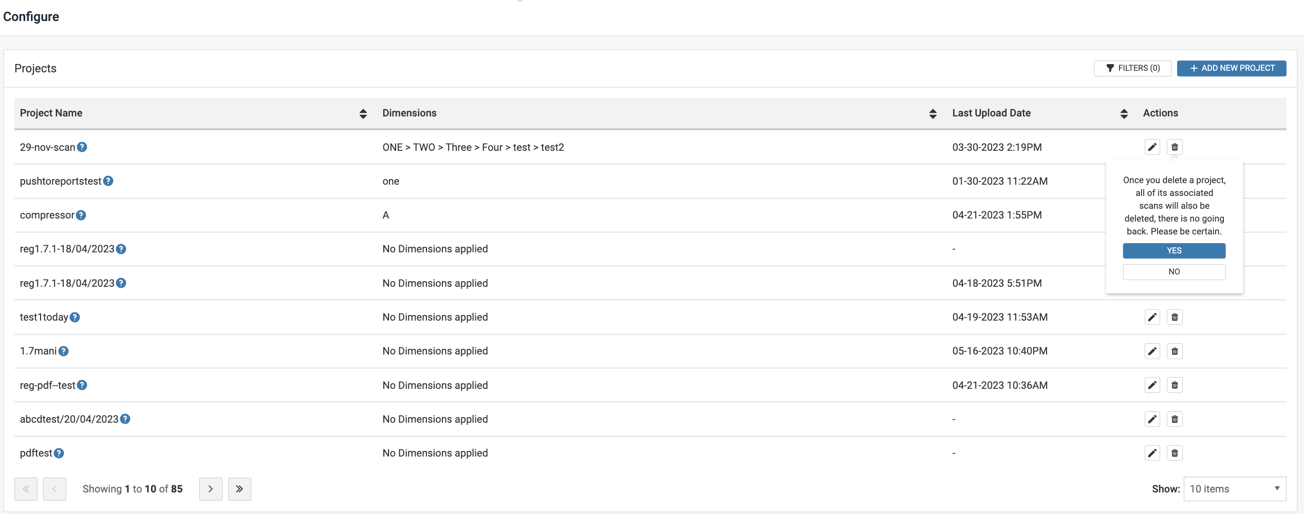 Deleting existing projects in the Organization.