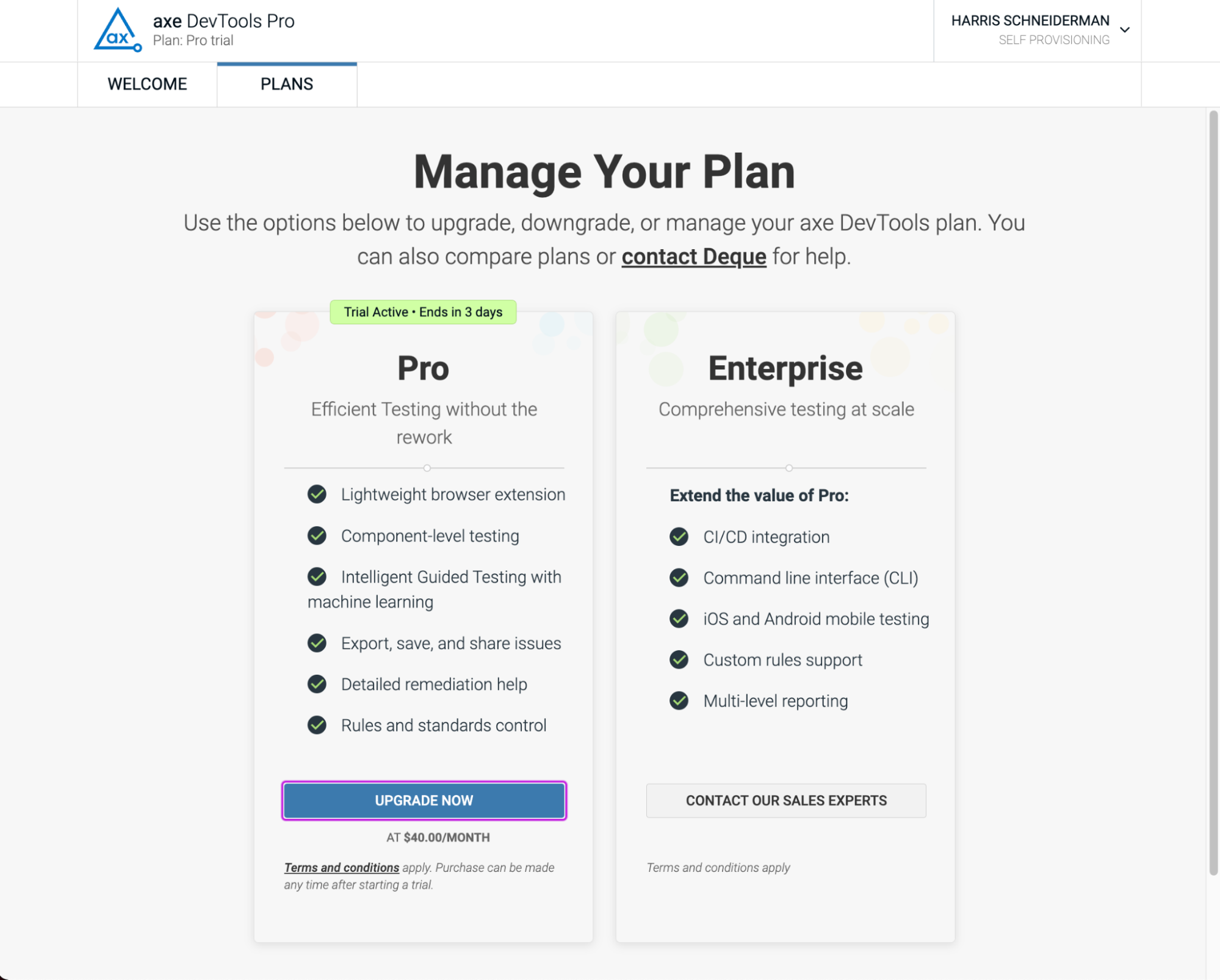 Webpage for managing your axe DevTools Extension Pro or Enterprise plan.