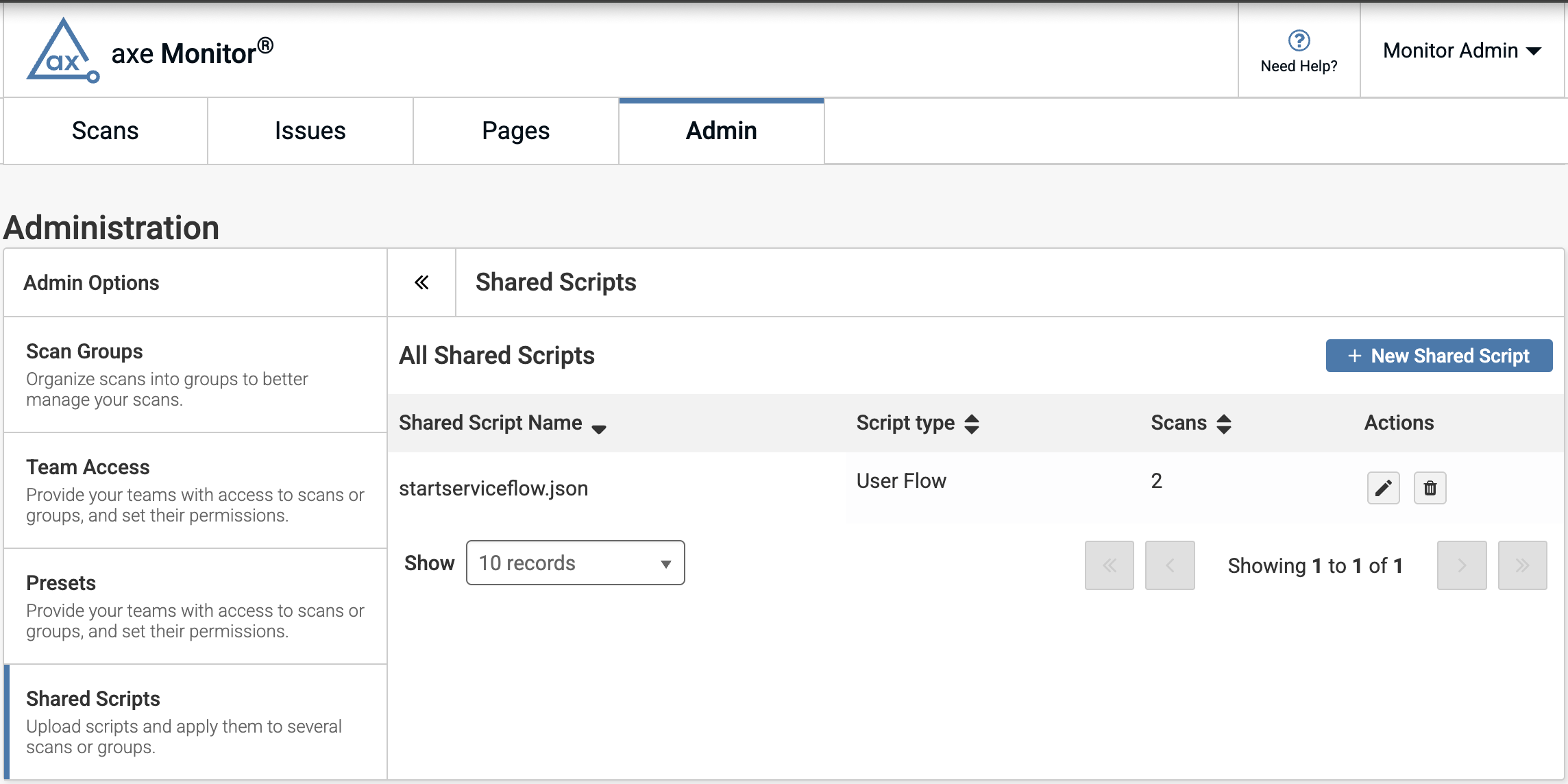 Shared scripts page in Admin area, with table for script name, script type, scans, and edit and delete icons.
