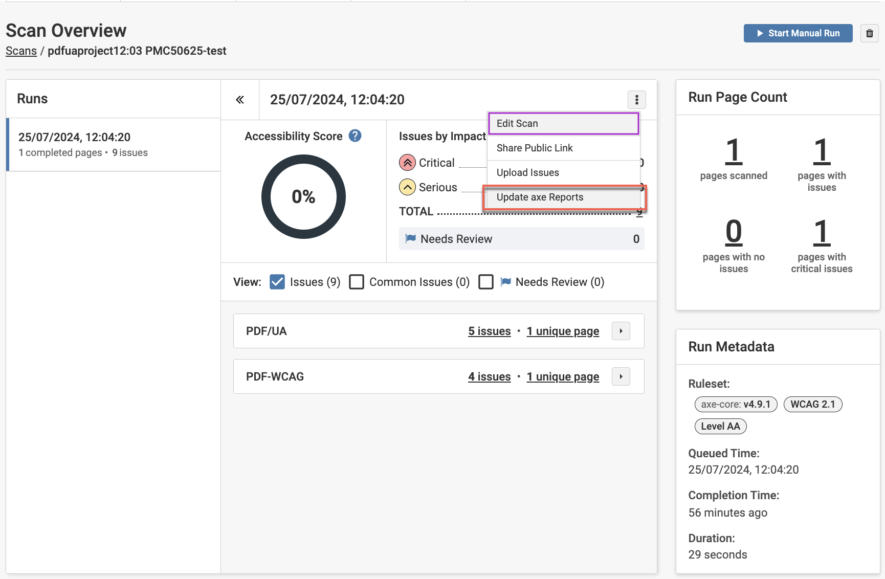Update axe® Reports option