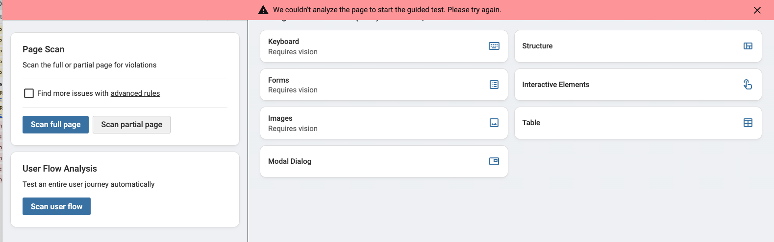 Screenshot of the axe DevTools Extension with the error banner "We couldn’t analyze the page to start the guided test. Please try again."