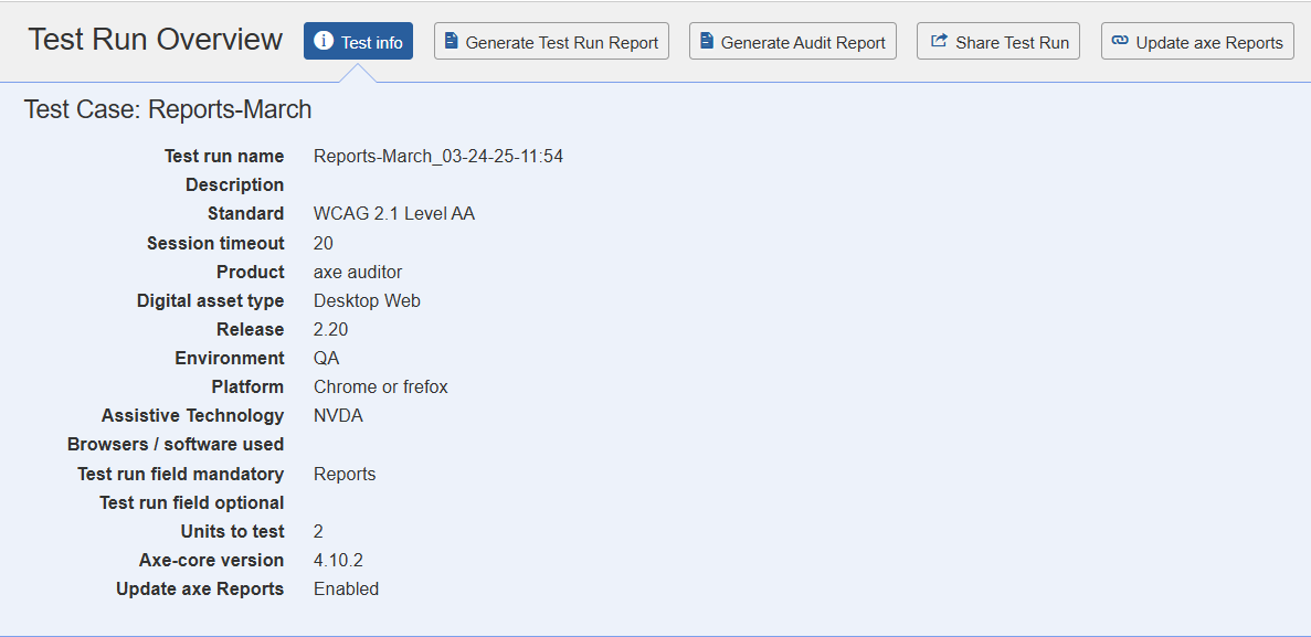 The summary section at the top of the Test Run Overview screen, with
each major feature
numbered