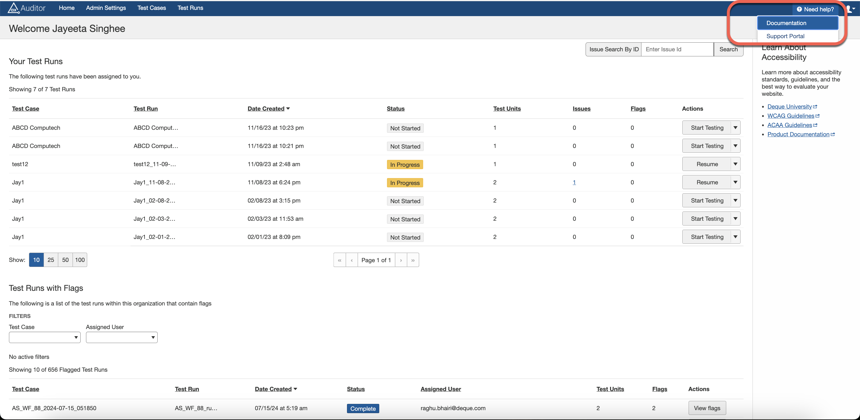 posizione del pulsante Hai bisogno di aiuto (?) nella schermata della dashboard dell'utente di axe Auditor
